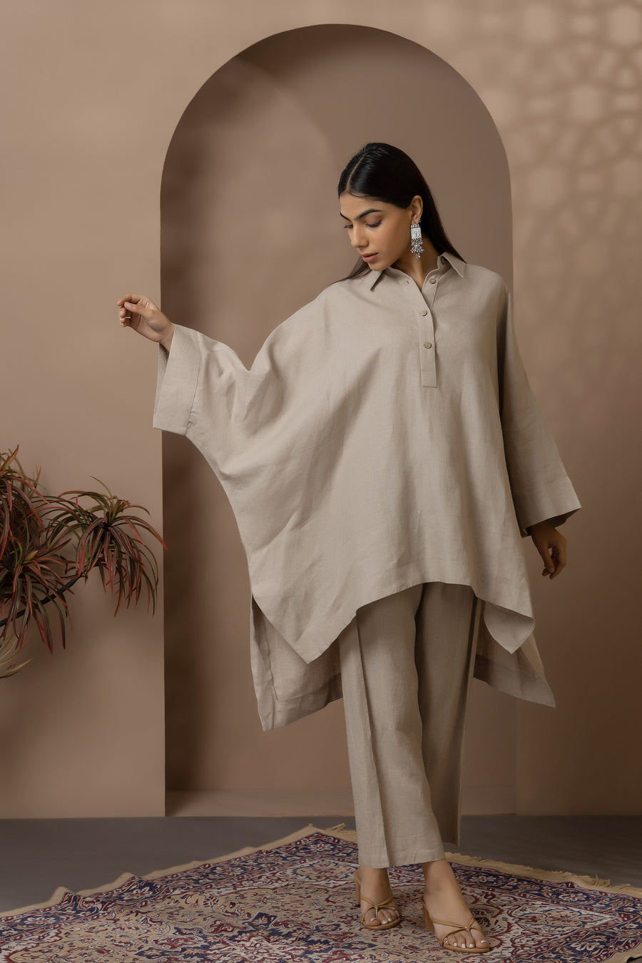 Natural Linen Oversize Blouse With Pant Co Ord Set