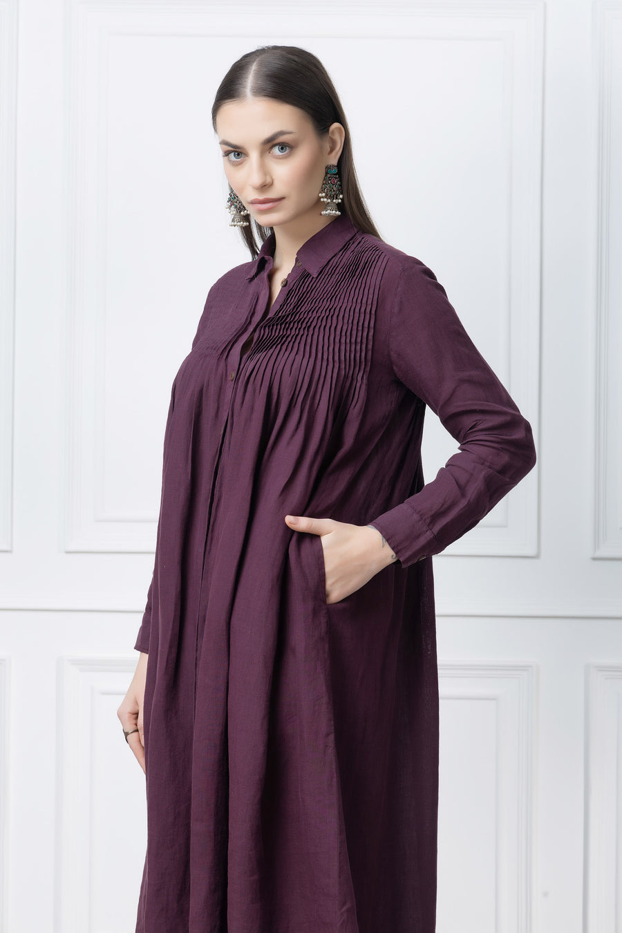 Wine Linen Pintuck Pleats Dress