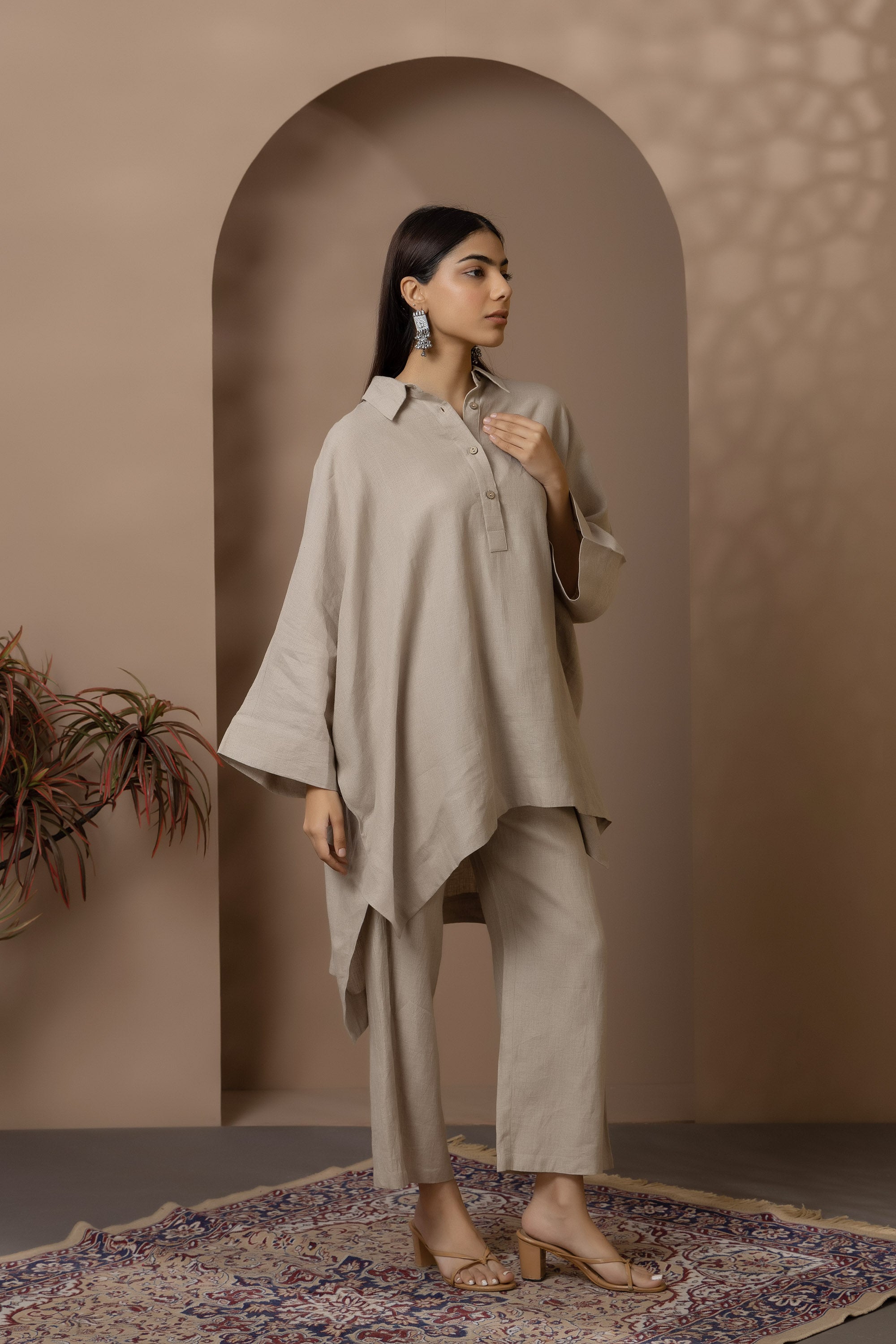 Natural Linen Oversize Blouse With Pant Co Ord Set