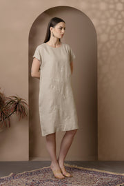 Natural Linen Dress With Lotus Embroidery