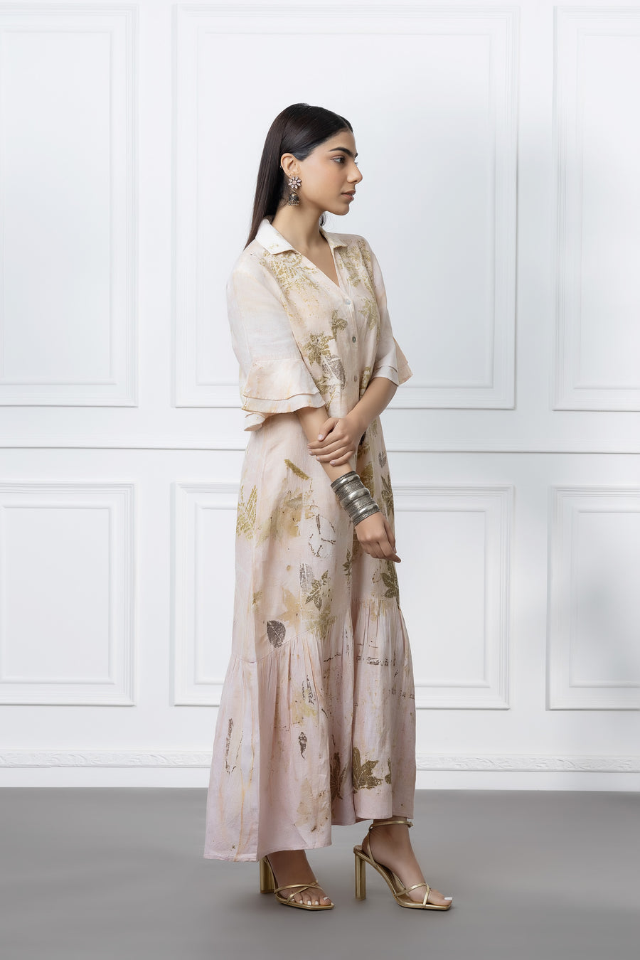 Peach Herbal Leaf Print Linen Dress