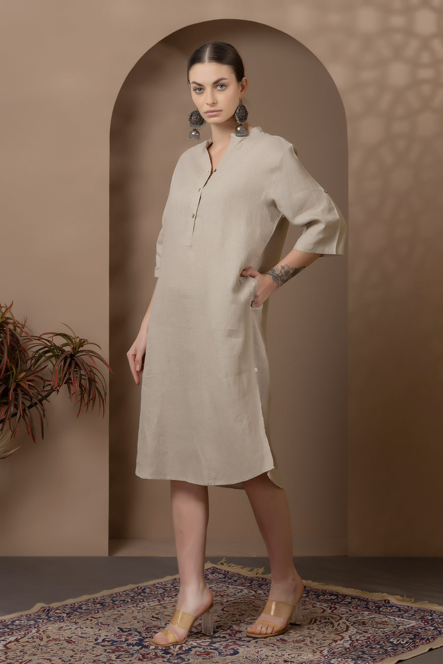 Natural Linen Dress With Beautiful Floral Embroidery On Side Pockets