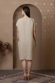 Natural Linen Dress With Lotus Embroidery