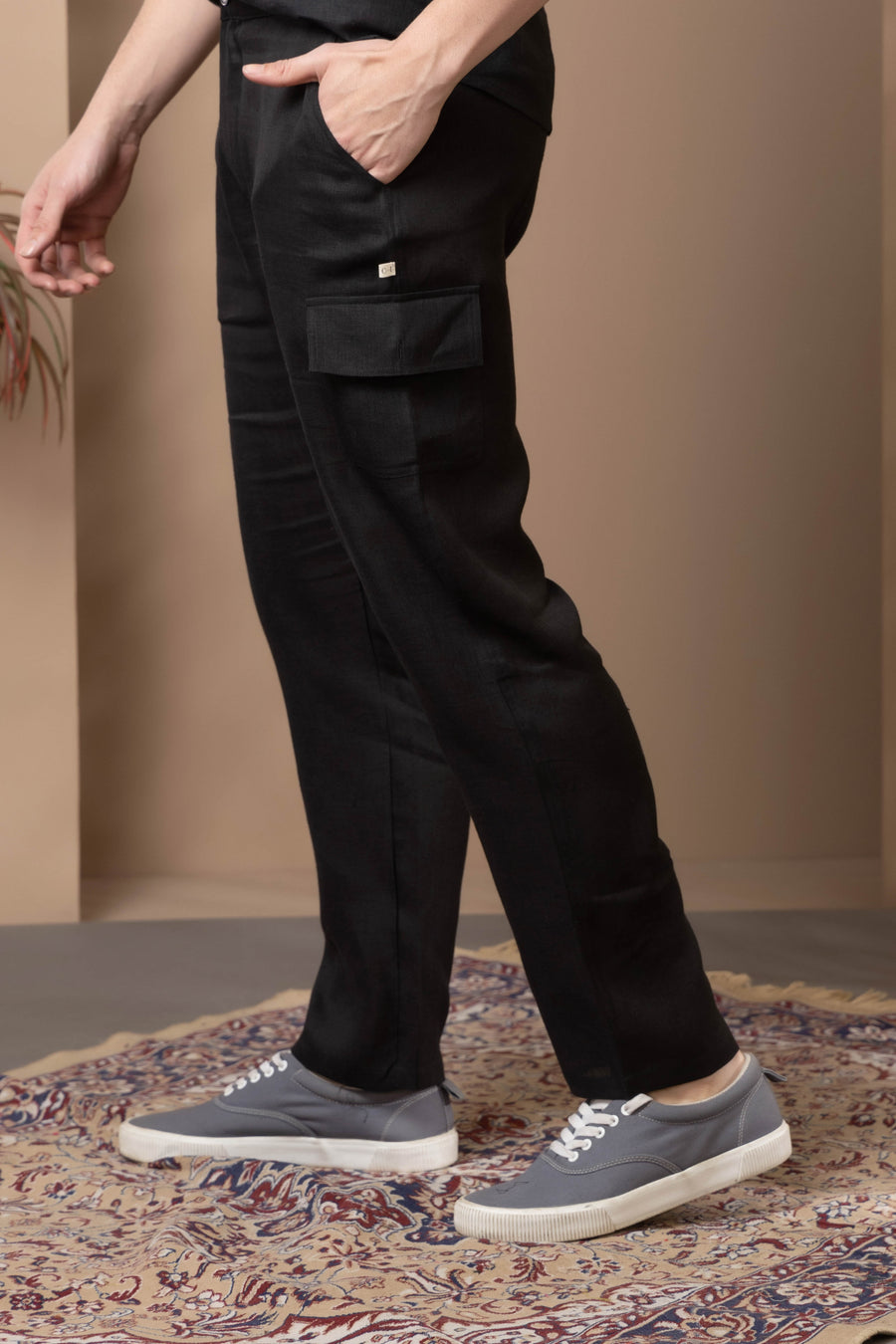 Black Linen Pant Flat Front With Back Elastic