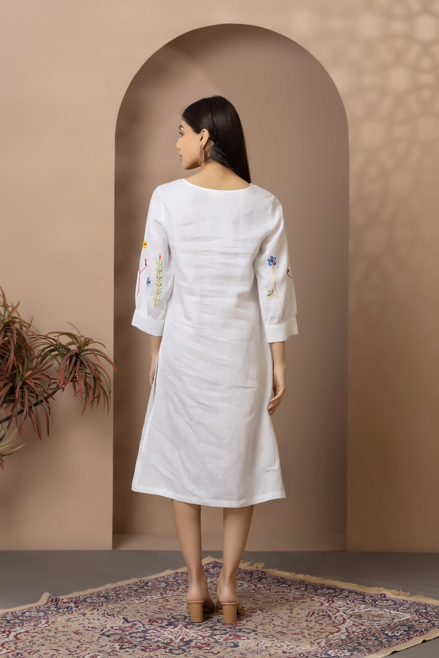 White Linen Embroidered Midi Dress