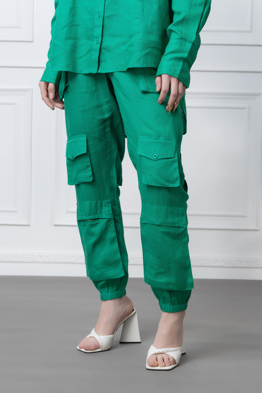 Green Multi Pocket Linen Cargo Jogger Set