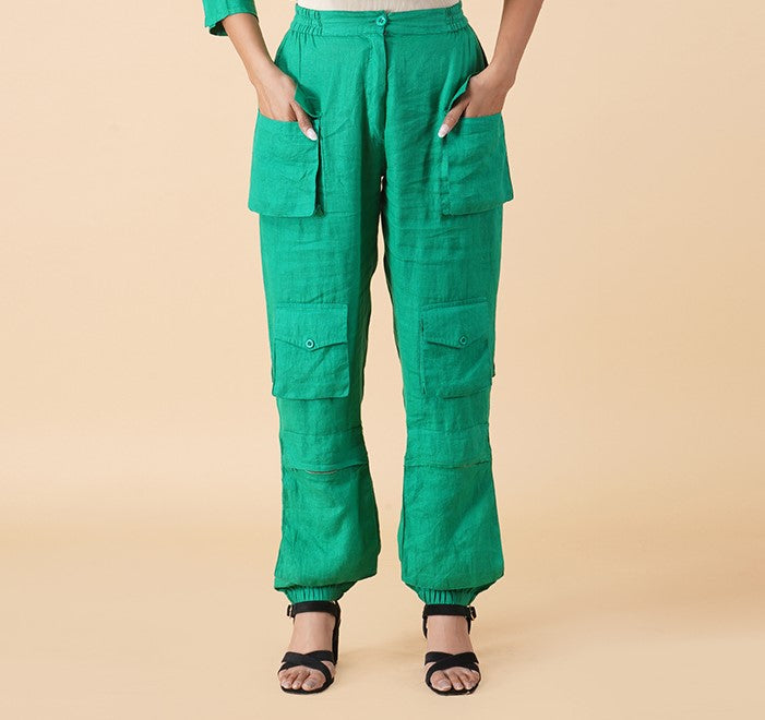 Green Multi Pocket Linen Cargo Jogger Set