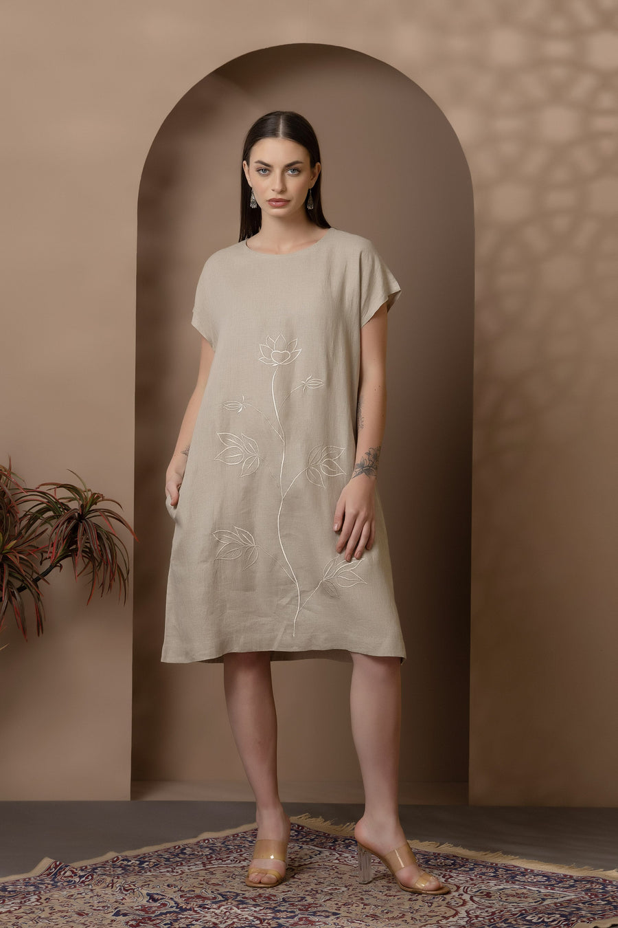 Natural Linen Dress With Lotus Embroidery