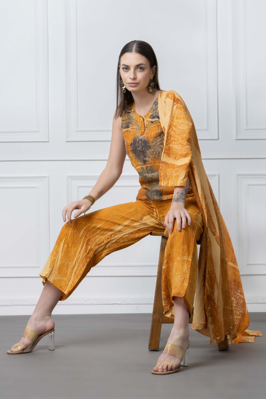 Mustard Organic Print Linen 3pc Co Ord Set