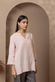 Pink Linen Tunic With Dark Grey Linen Pants Set