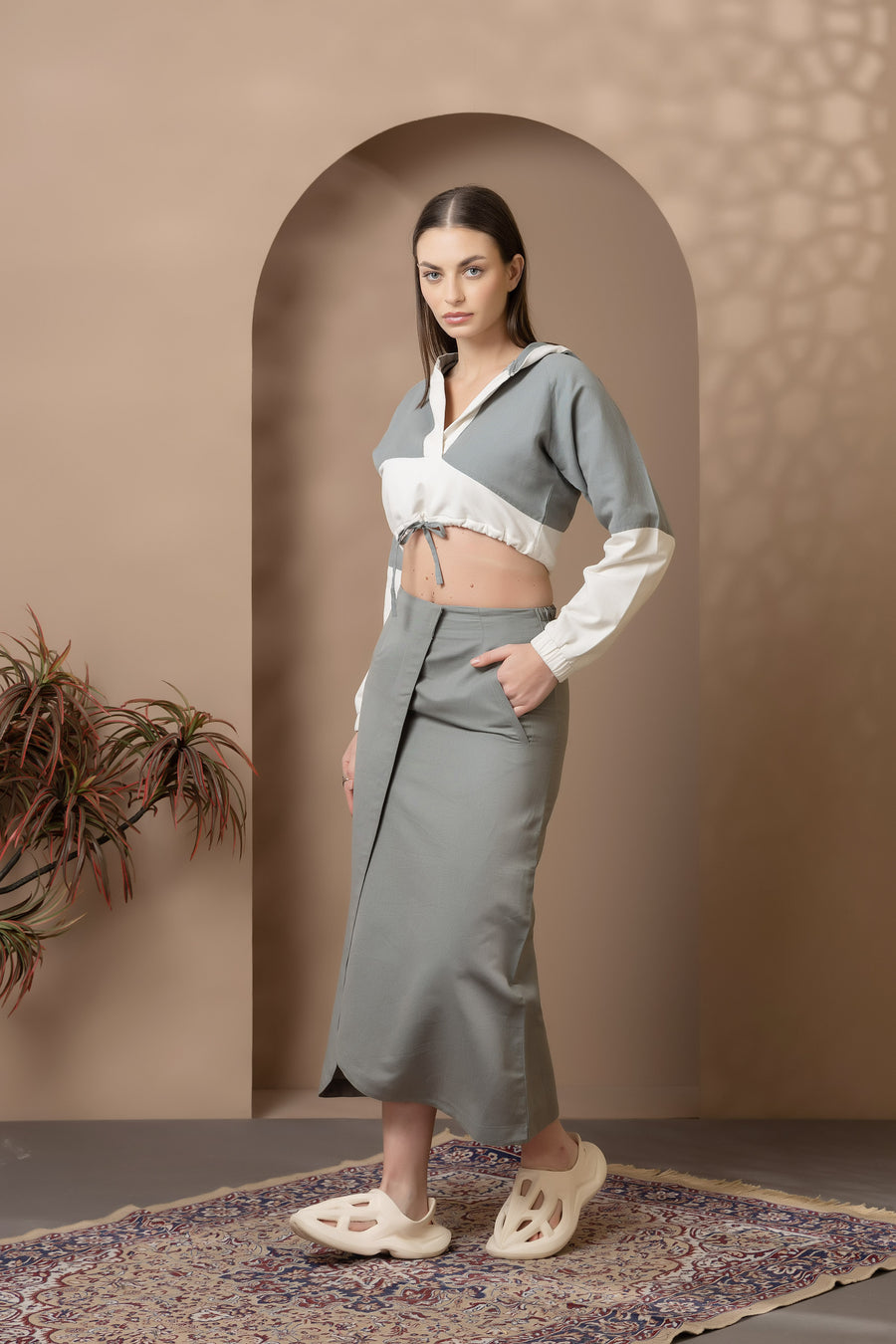 Sea Green Linen /Fleece Jacket & Skirt Co-Ord Set