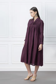 Wine Linen Pintuck Pleats Dress