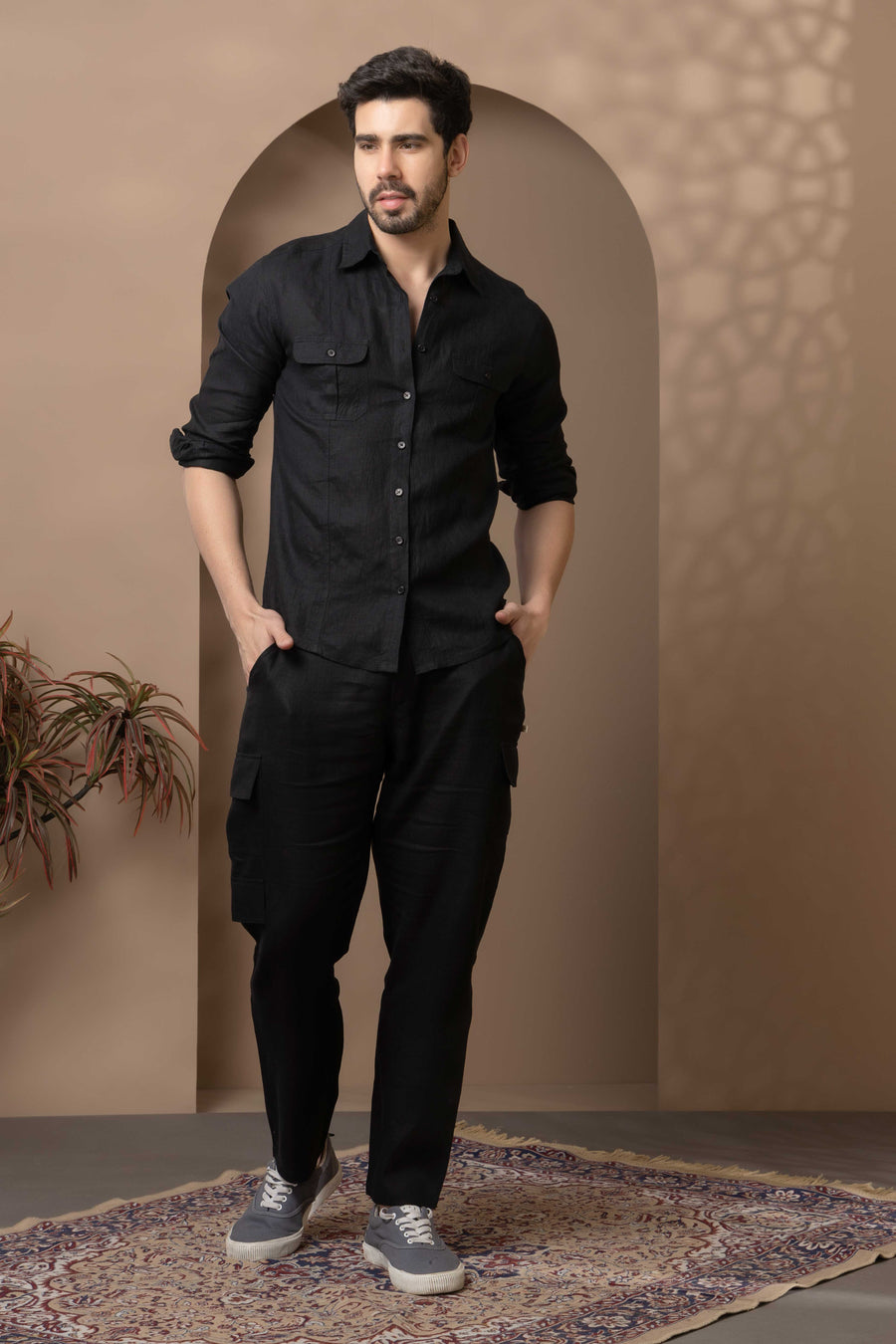 Black Linen Pant Flat Front With Back Elastic