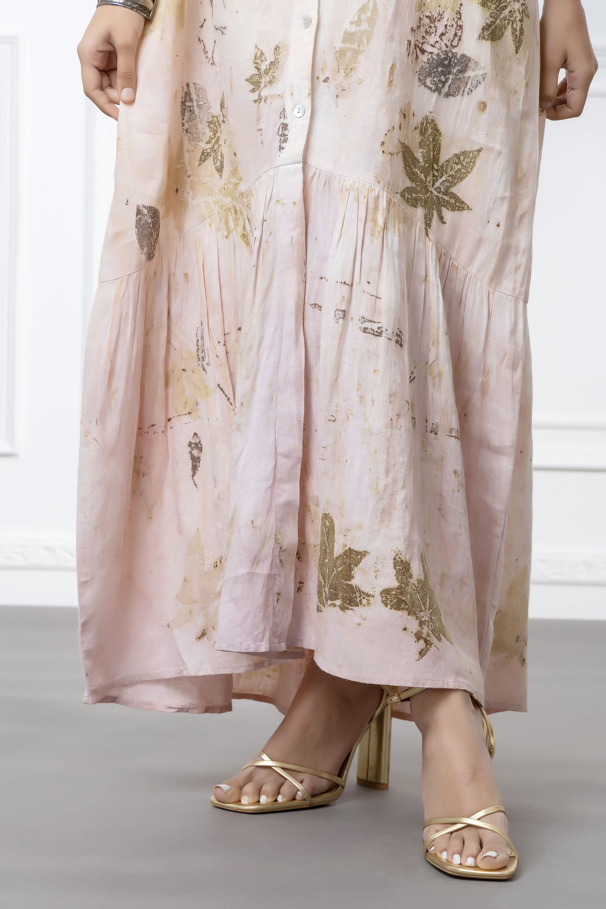 Peach Herbal Leaf Print Linen Dress