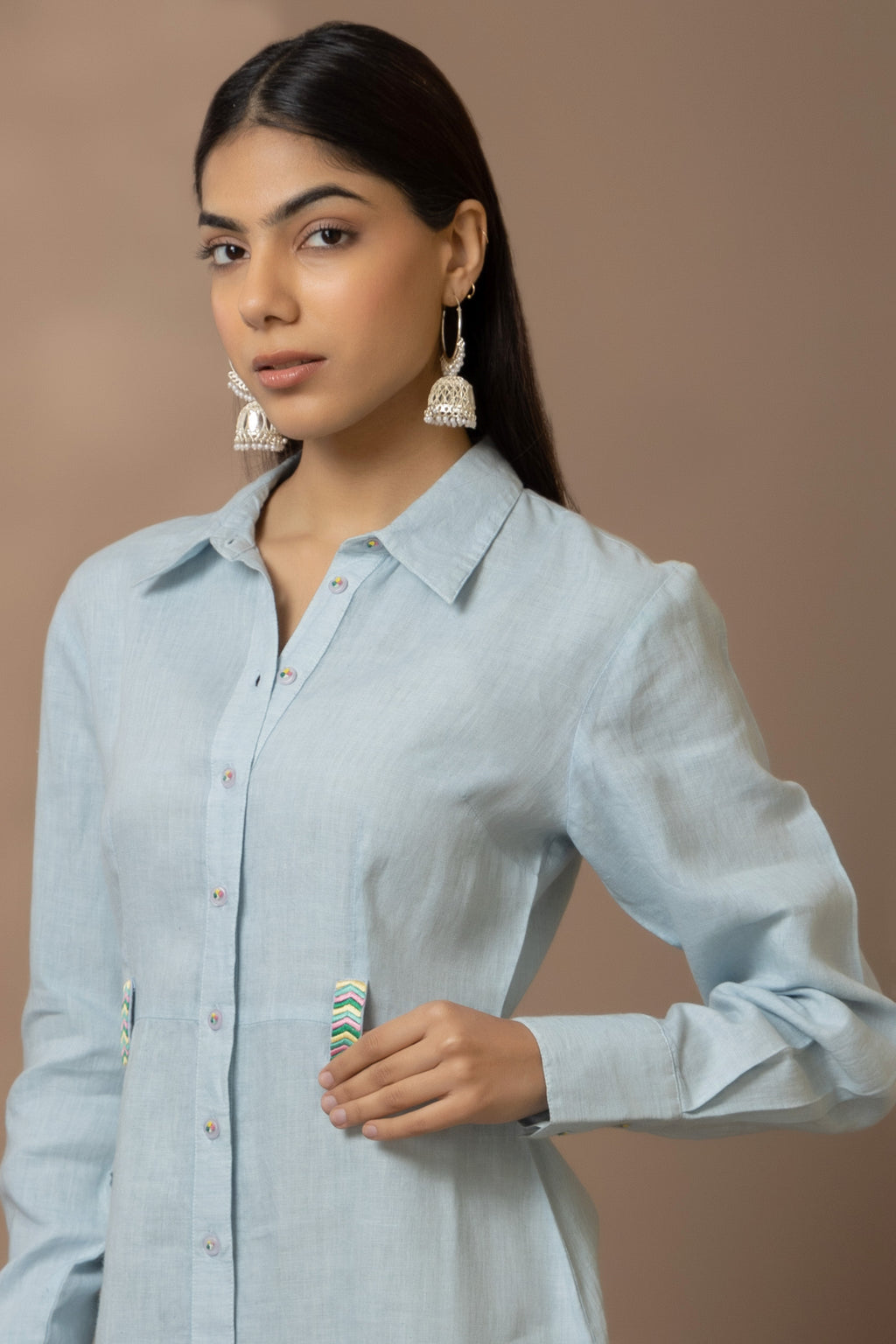 Ice Blue Colour Linen Short Dress