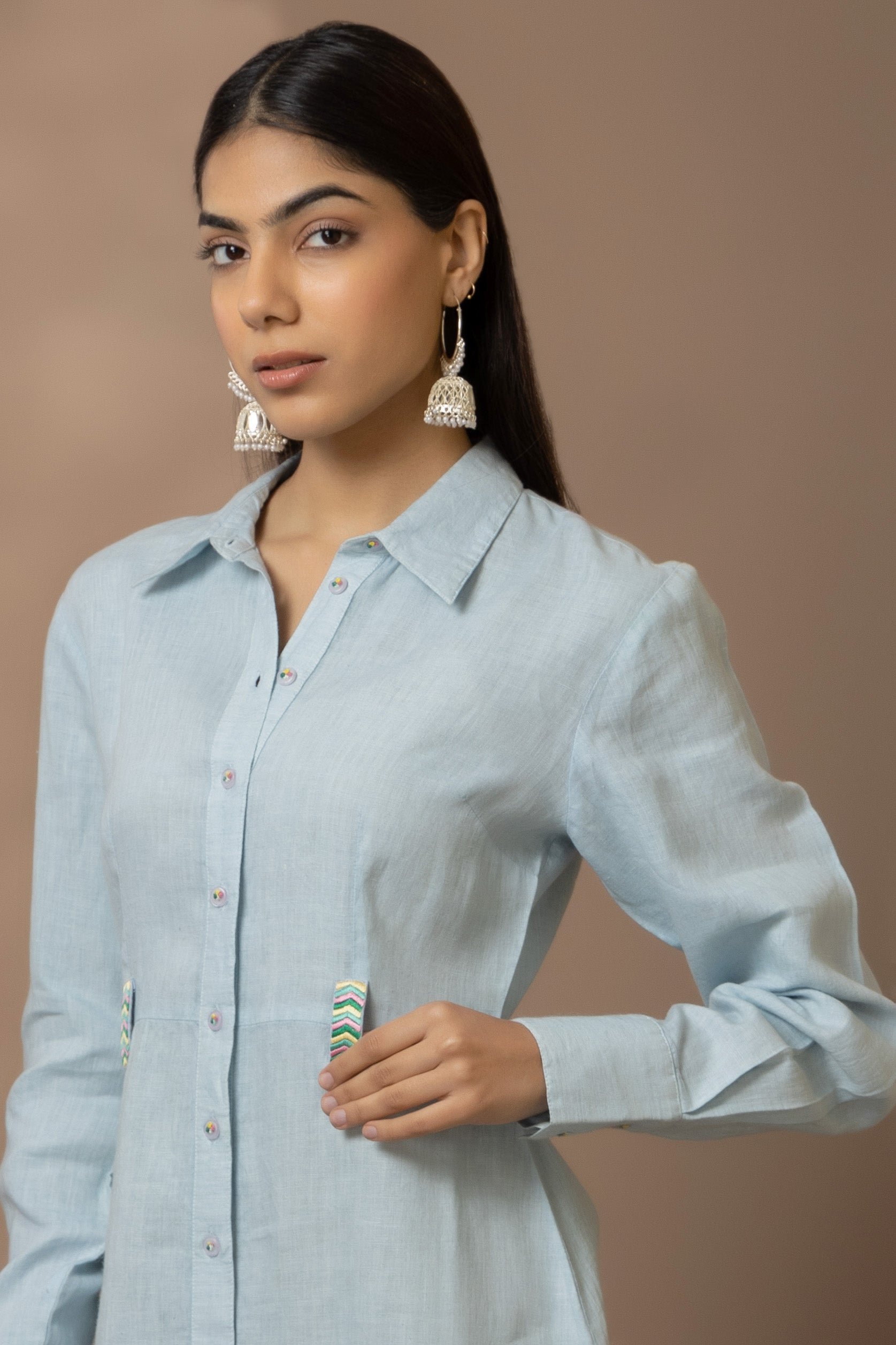 Ice Blue Colour Linen Short Dress