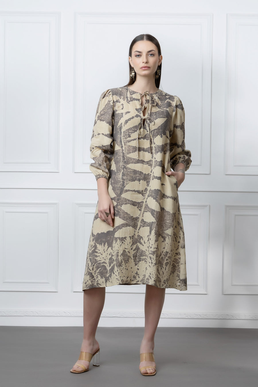 Organic Herbal Print Linen Dress With Front Keyhole