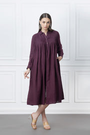 Wine Linen Pintuck Pleats Dress