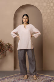 Pink Linen Tunic With Dark Grey Linen Pants Set