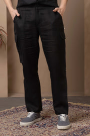 Black Linen Pant Flat Front With Back Elastic