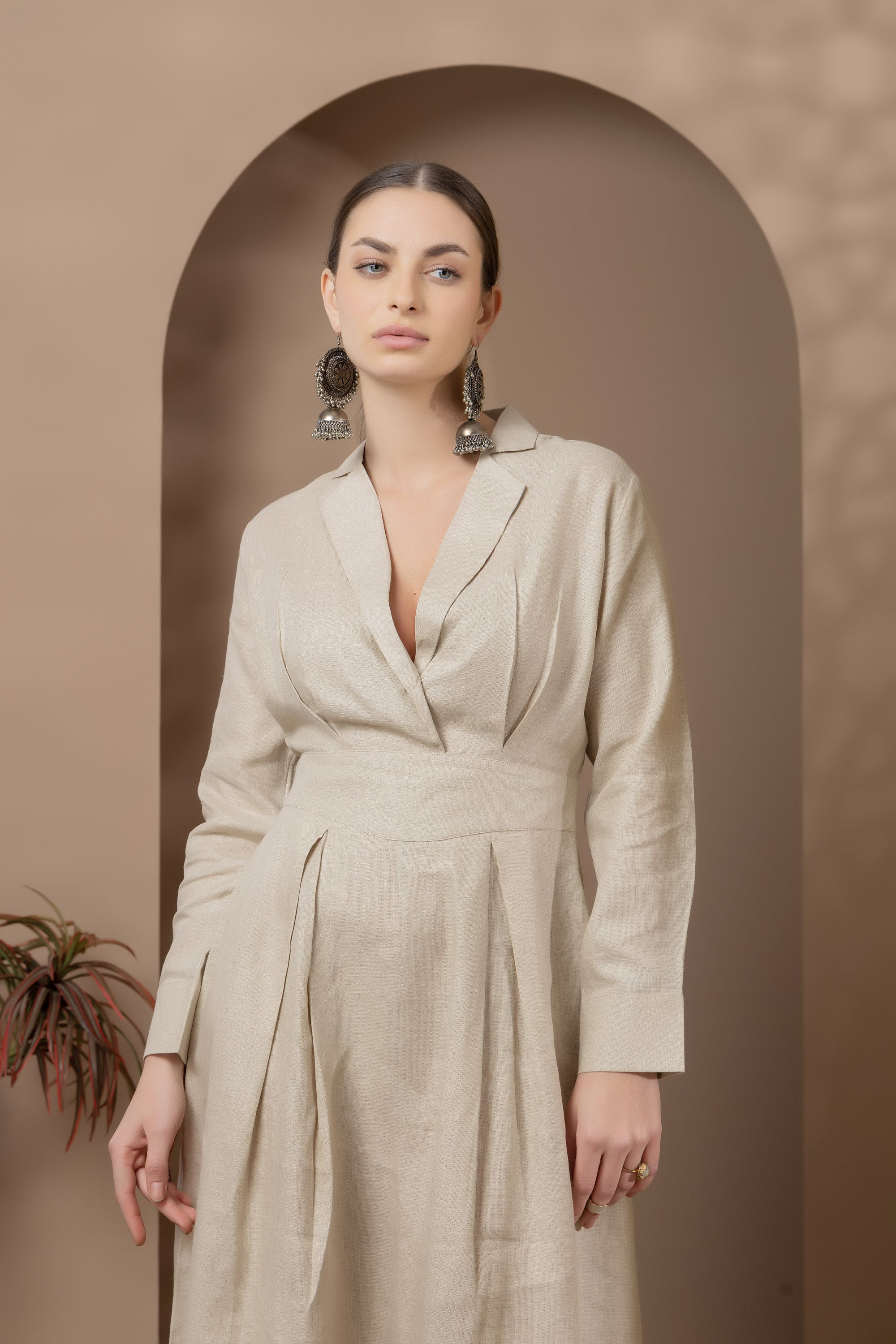 Natural Linen Dress With Collar