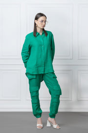 Green Multi Pocket Linen Cargo Jogger Set