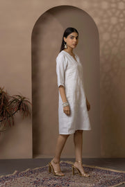 White Dress With Tonal Lotus Embroidery