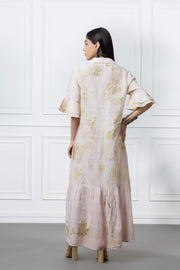 Peach Herbal Leaf Print Linen Dress