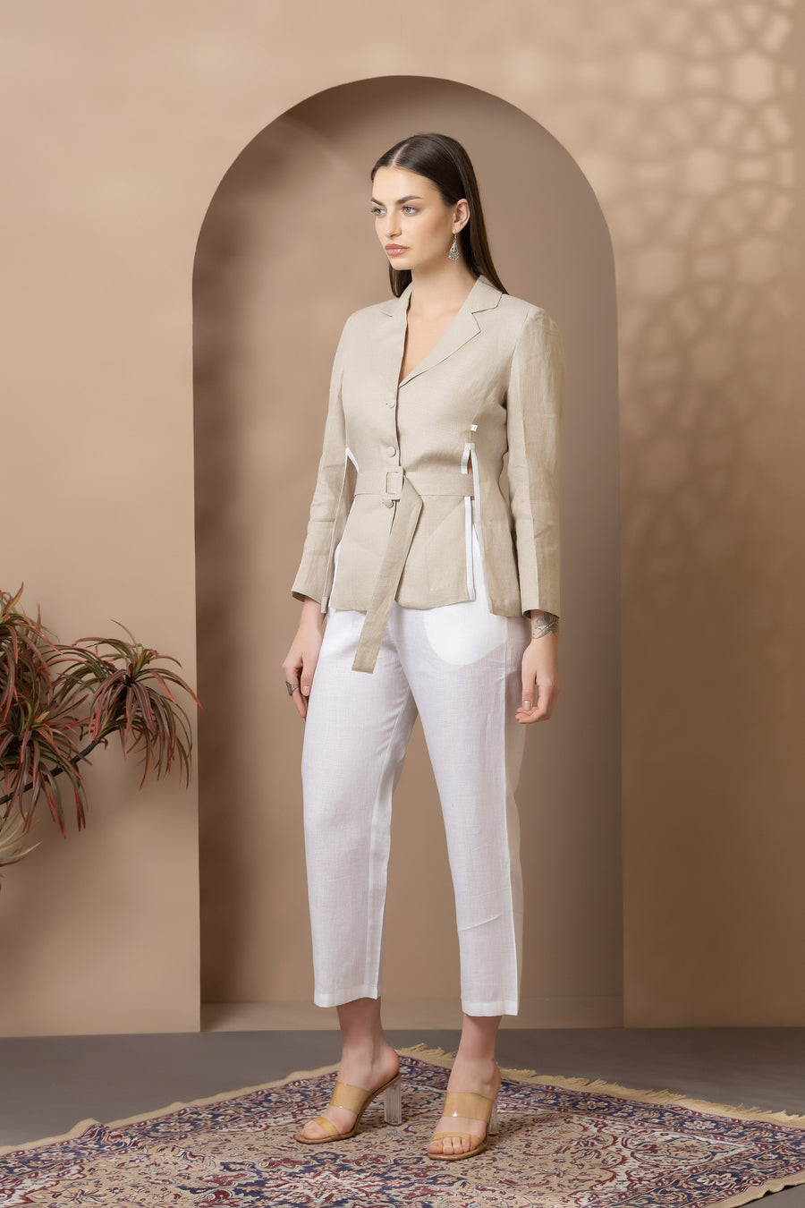 Natural/White Mixed Linen Jacket Co-Ord Set