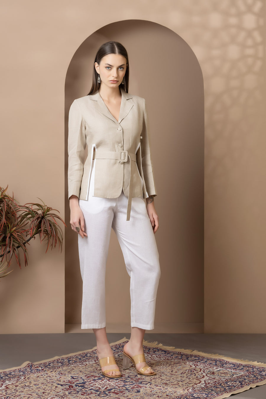 Natural/White Mixed Linen Jacket Co-Ord Set