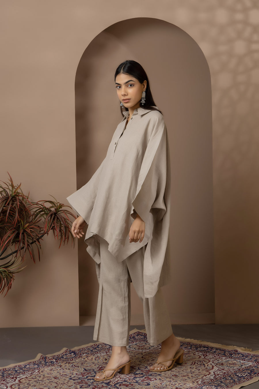 Natural Linen Oversize Blouse With Pant Co Ord Set