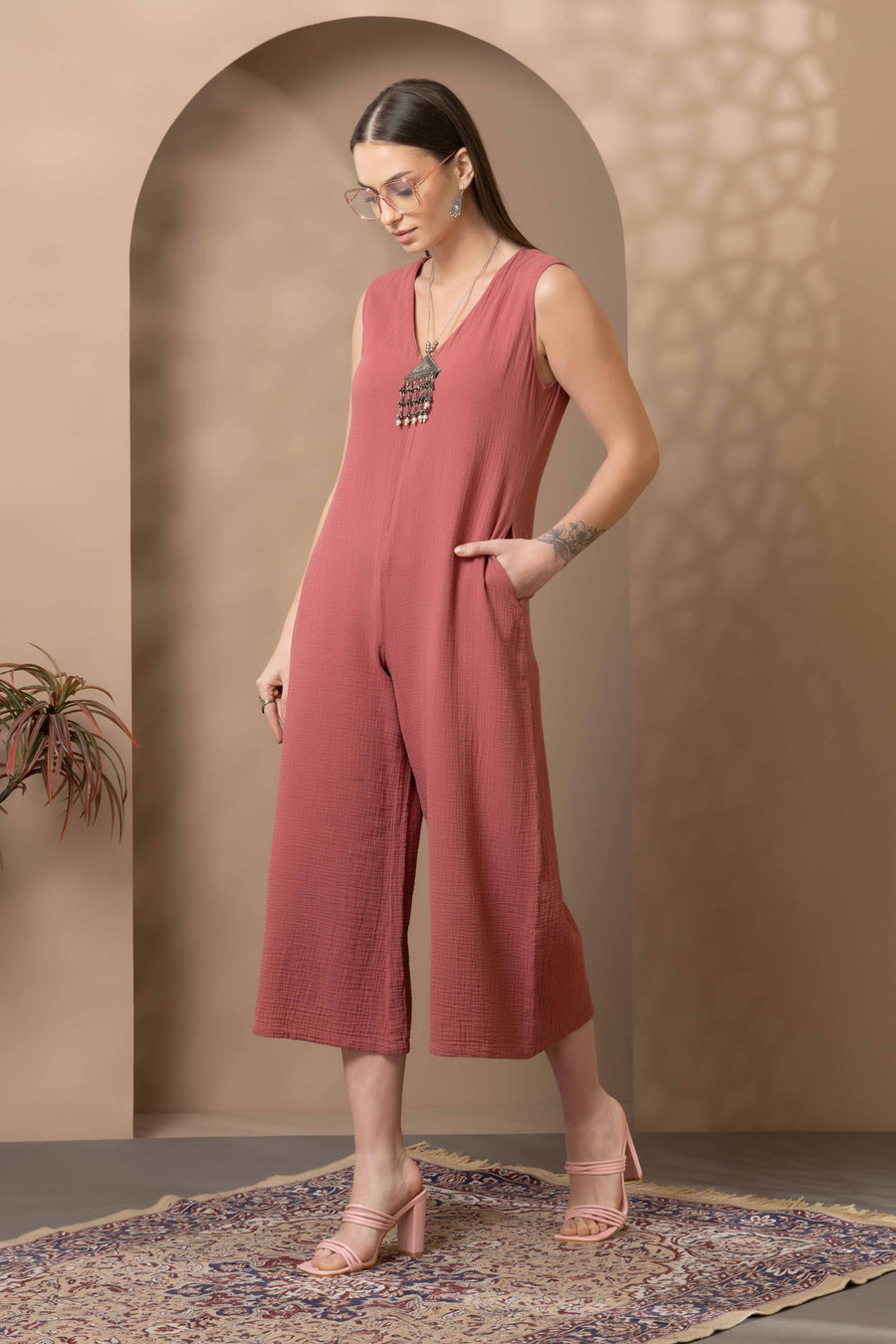 Dusty Rose Cotton Gauze Jumpsuit