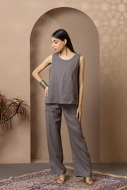 Dark Grey Linen Co-Ord Set With Embroidery