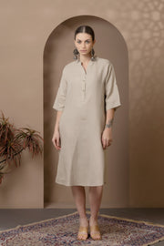 Natural Linen Dress With Beautiful Floral Embroidery On Side Pockets