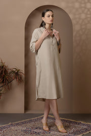 Natural Linen Dress With Beautiful Floral Embroidery On Side Pockets