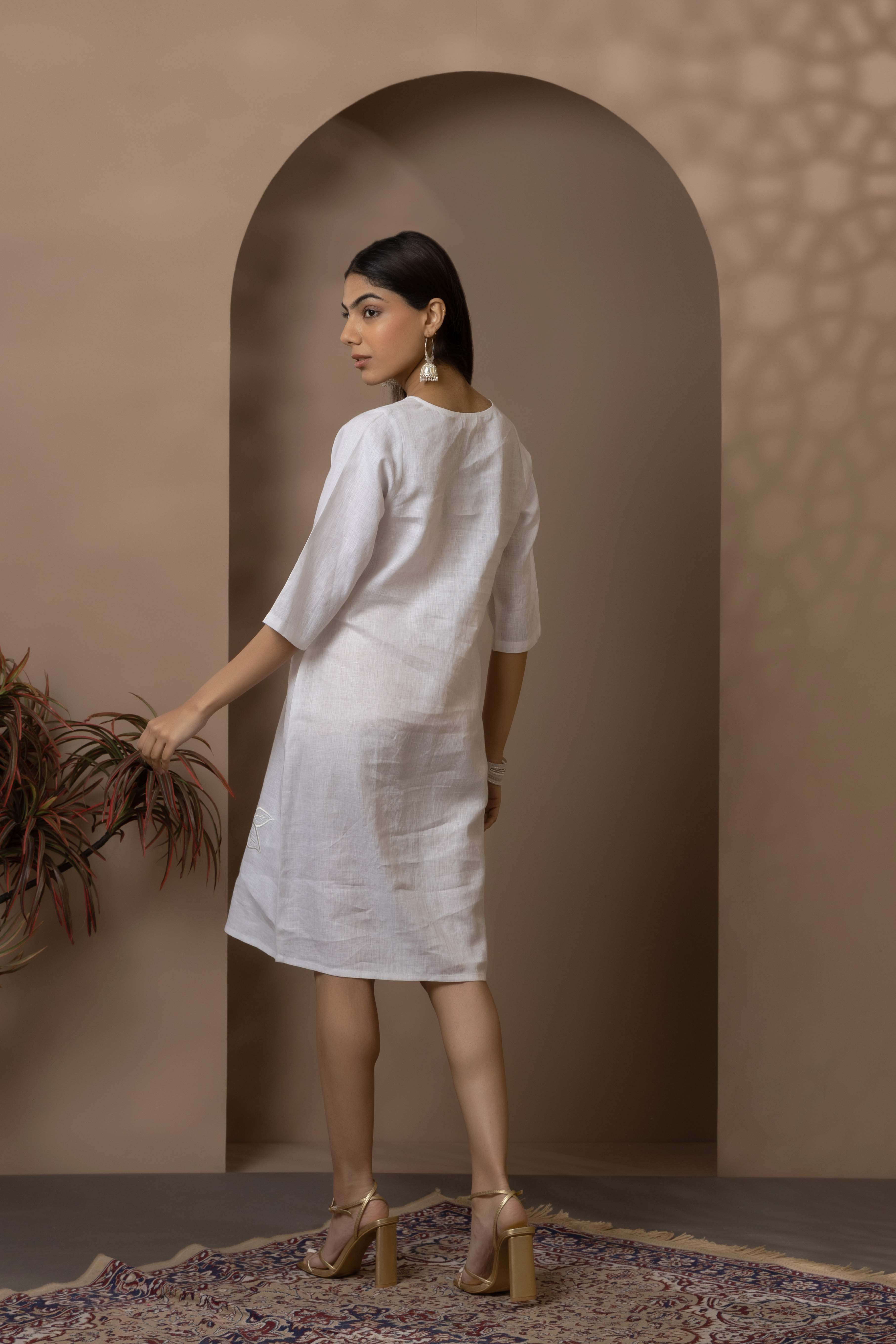 White Dress With Tonal Lotus Embroidery