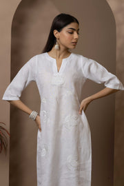 White Dress With Tonal Lotus Embroidery