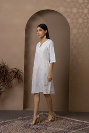 White Dress With Tonal Lotus Embroidery