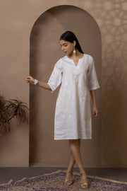 White Dress With Tonal Lotus Embroidery