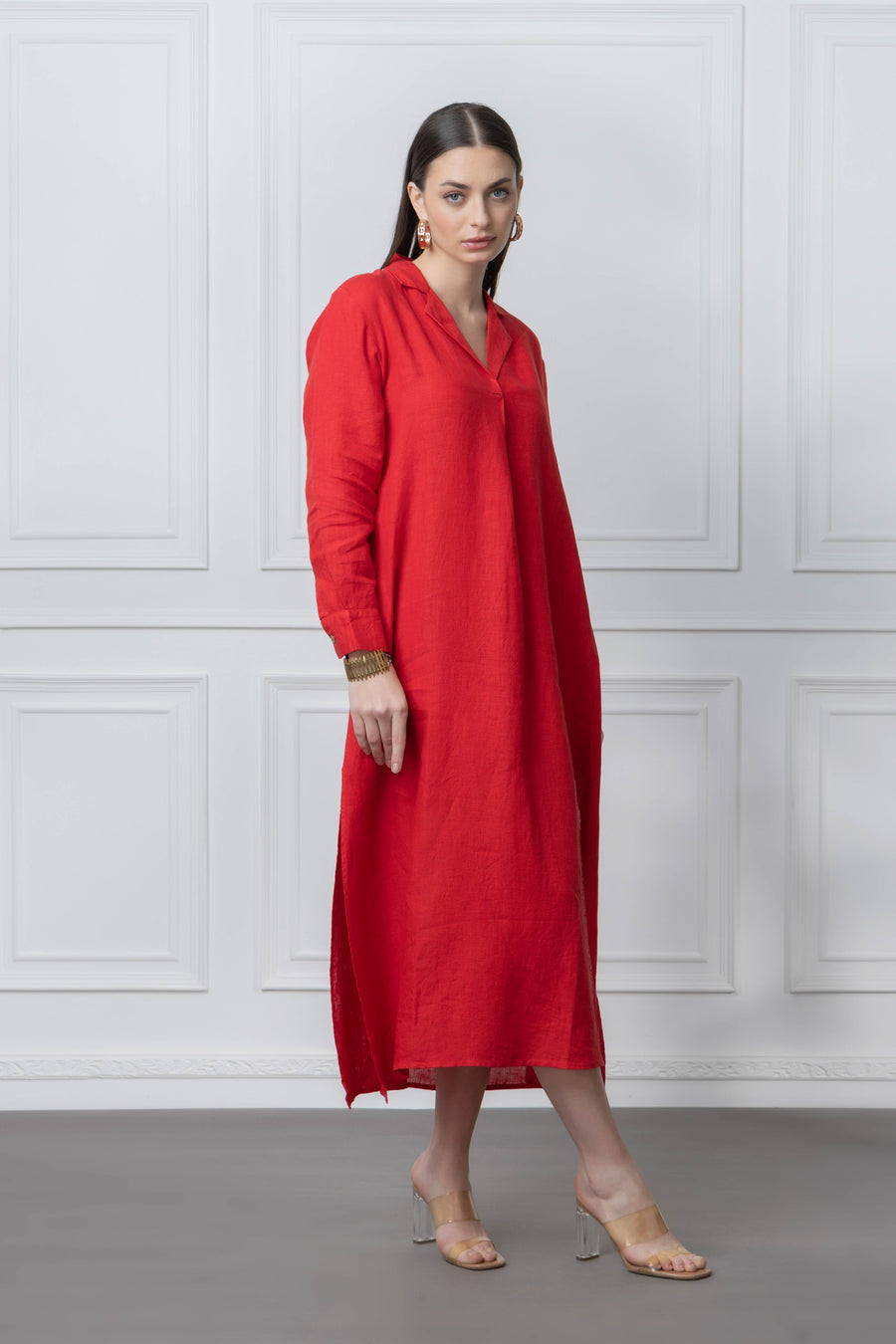 Red Solid Linen Dress