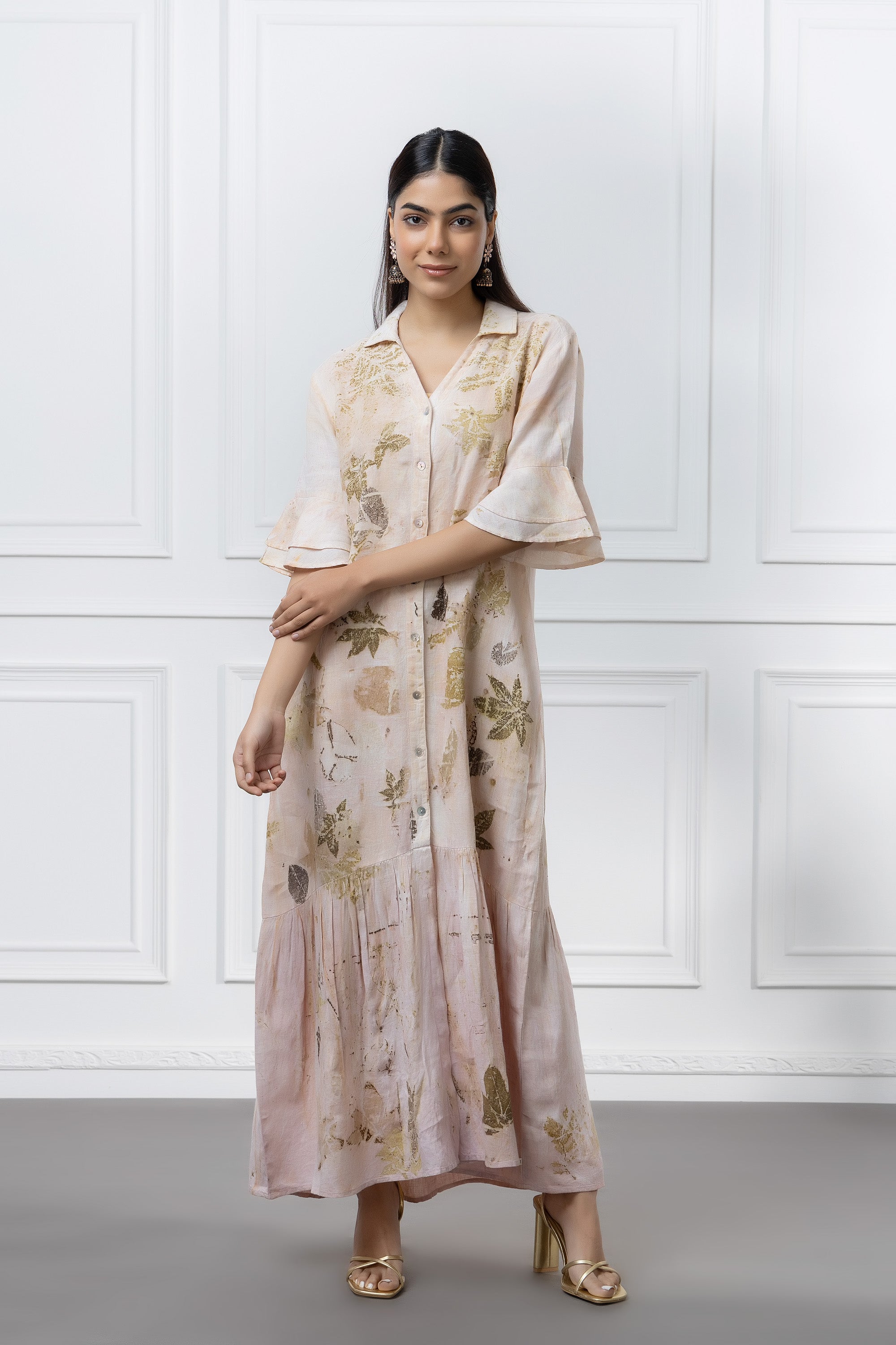 Peach Herbal Leaf Print Linen Dress