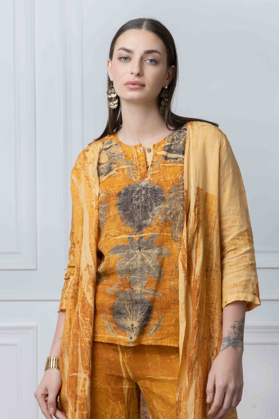 Mustard Organic Print Linen 3pc Co Ord Set