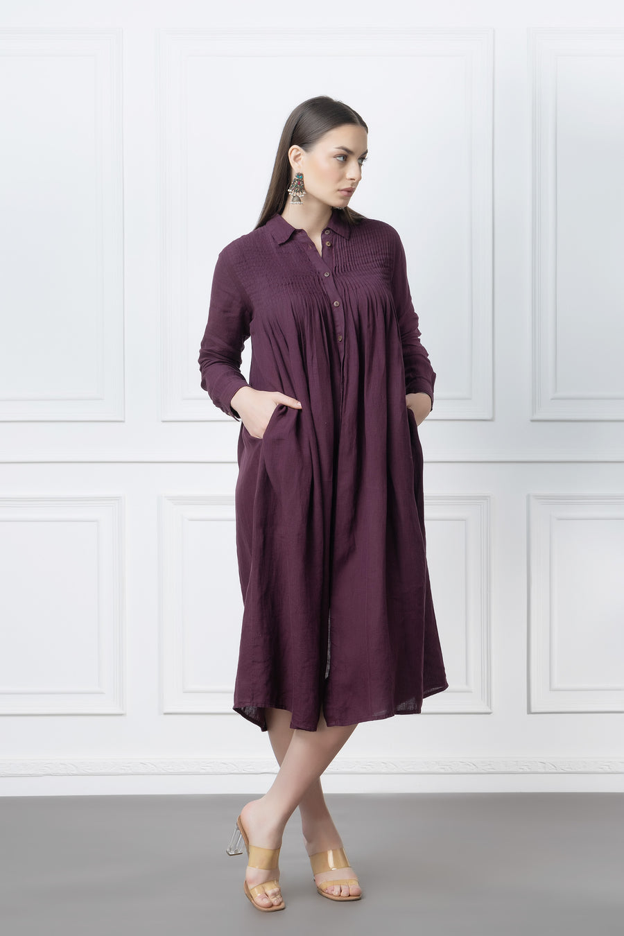 Wine Linen Pintuck Pleats Dress