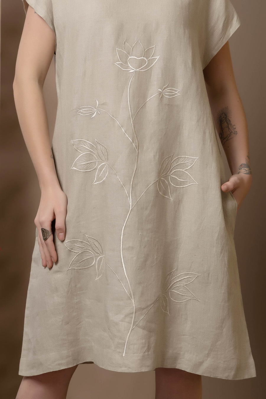 Natural Linen Dress With Lotus Embroidery