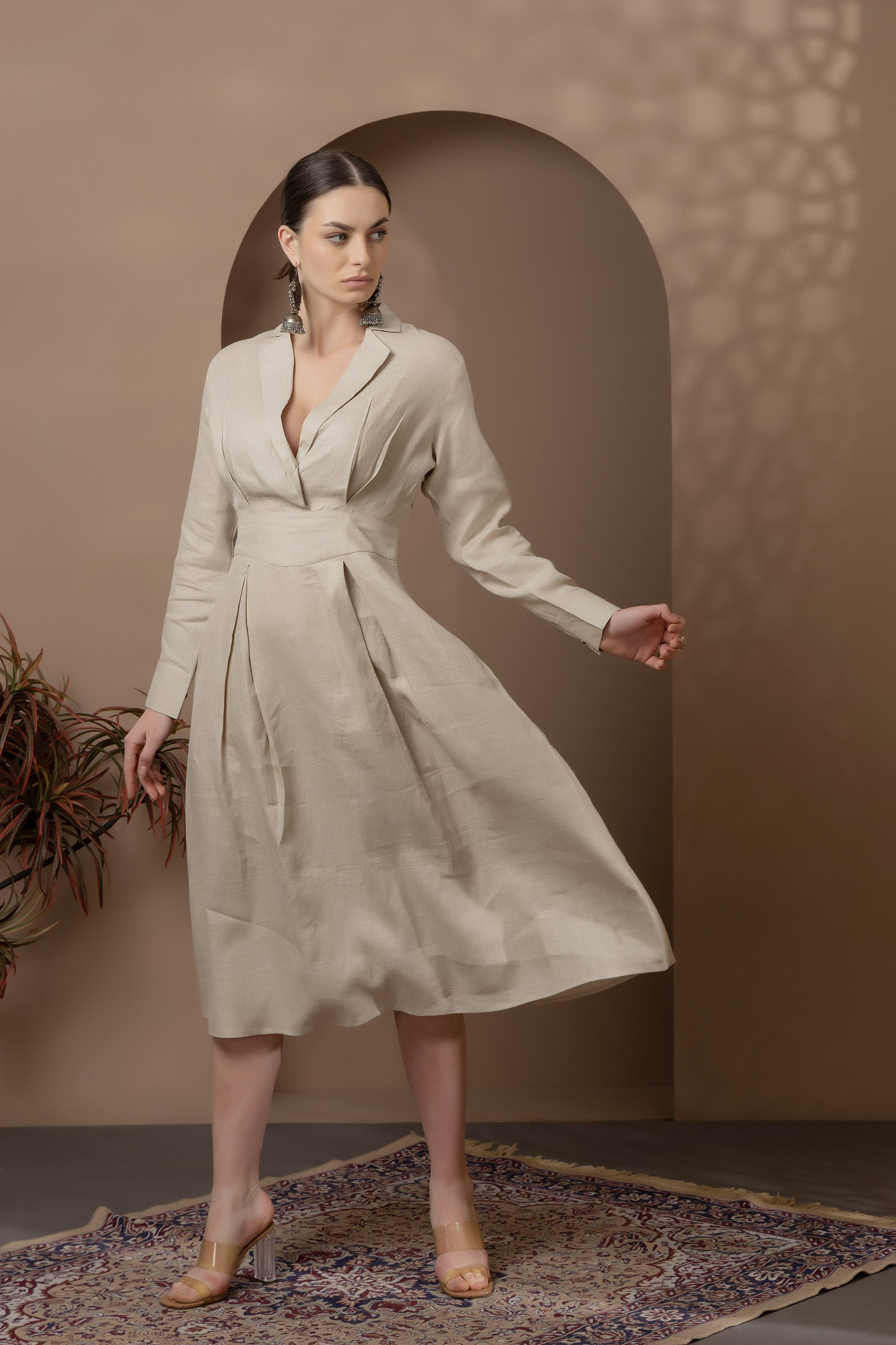 Natural Linen Dress With Collar