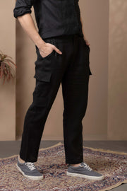 Black Linen Pant Flat Front With Back Elastic