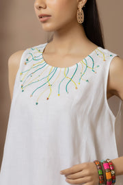 Embroidered Neck White Dress