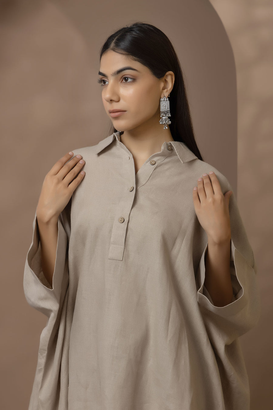 Natural Linen Oversize Blouse With Pant Co Ord Set