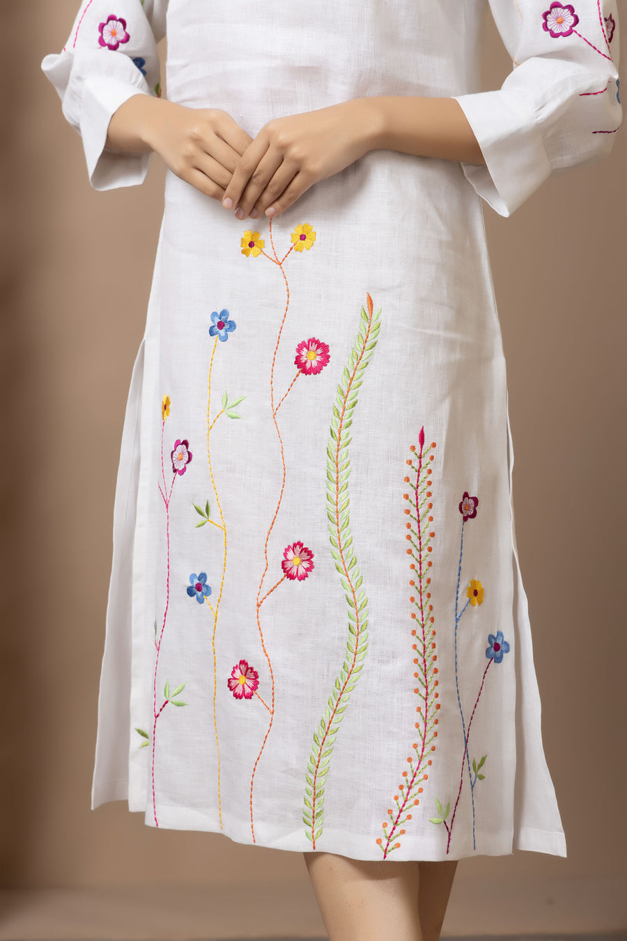 White Linen Embroidered Midi Dress