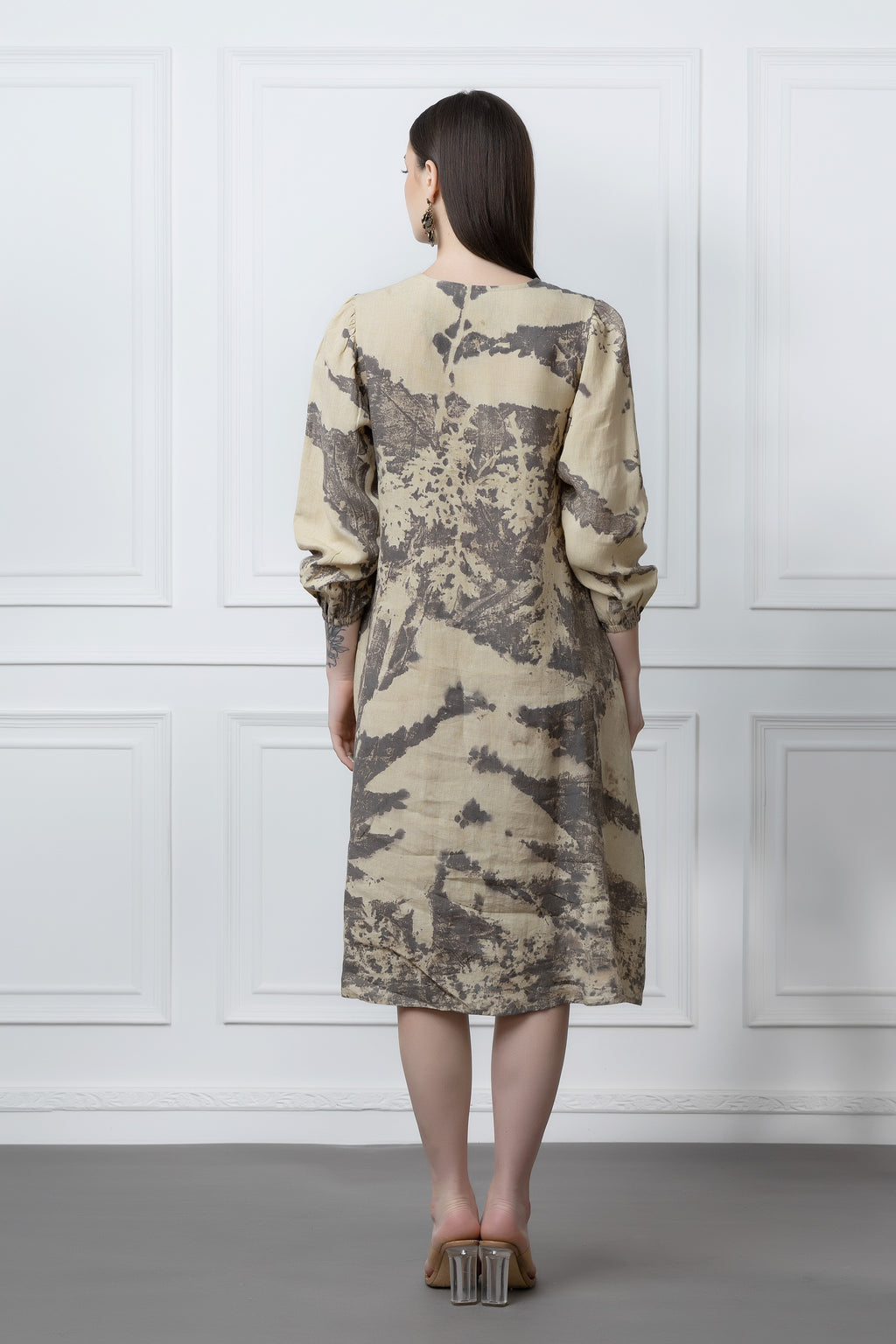 Organic Herbal Print Linen Dress With Front Keyhole